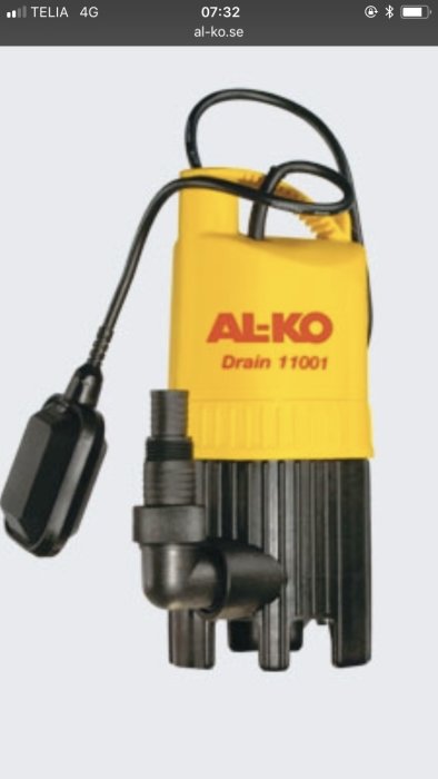 Gul och svart AL-KO Drain 11001 dräneringspump med flytande strömbrytare och kombinippel.