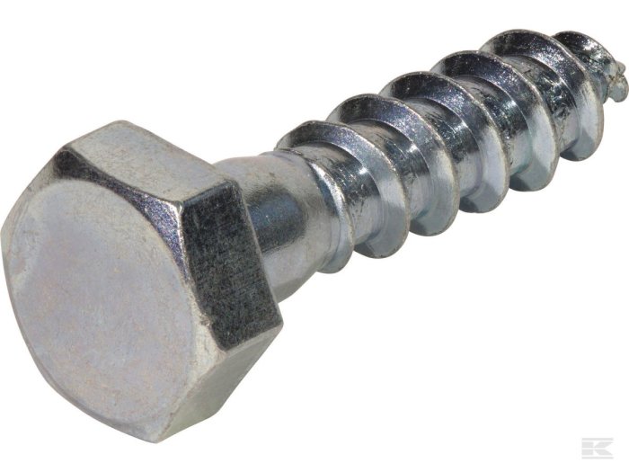 Närbild av en metallskruv med sexkantigt huvud och gängor.