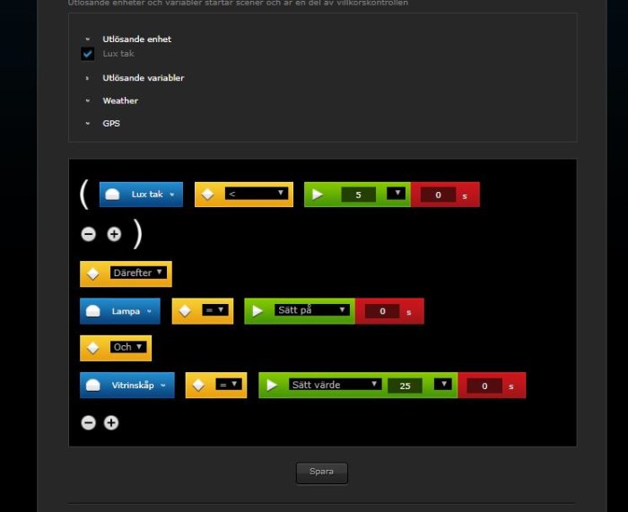Skärmdump av ett gränssnitt för hemautomation med block för att skapa scener med luxgivare, lampor och tidsvillkor.