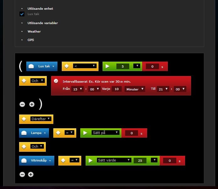 Skärmdump av ett automatiseringssystem för smart hem med schemalagda händelser och inställningar.