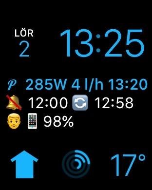 Apple Watch-skärm som visar tid, vattenförbrukning på 4 l/h och andra notiser som batteri och temperatur.