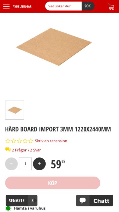 Brun Masonit-skiva på vit bakgrund med texten 'Hård board import 3mm 1220x2440mm' och prisinformation.