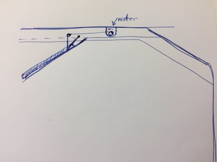 Handritad skiss av en idé för ett nedsänkt tak med rep, gummisnodd och motor för en TV-lucka.