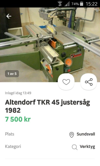 Altendorf TKR 45 justersåg i verkstadsmiljö med priset 7500 kr och försäljningsinformation affischerad på skärmen.