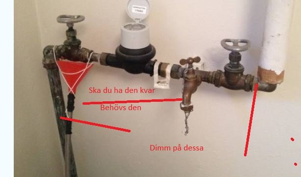 VVS-installation med rör och mätare, 1-tums rör till höger och 32 mm slang, anteckningar om mått och installation.