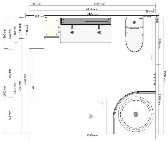 Planritning av badrum med måttangivelser, inklusive 100 cm badrumskommod, badkar, toalettstol och fönsterlayout.