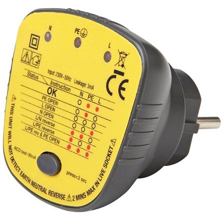 En uttagsprovare med olika statusindikatorer och symboler för att kontrollera om ett eluttag är korrekt skyddsjordat.