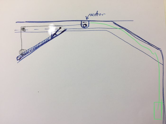 Handritad skiss av en mekanism för en motoriserad lucka med gasfjädrar och vajerstyrning.