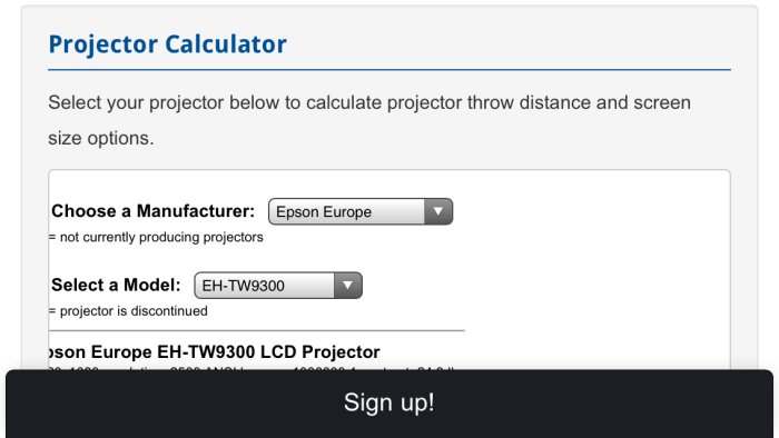 Skärmdump av projektorberäkningsverktyg med dropdown-meny för val av tillverkare och modell.