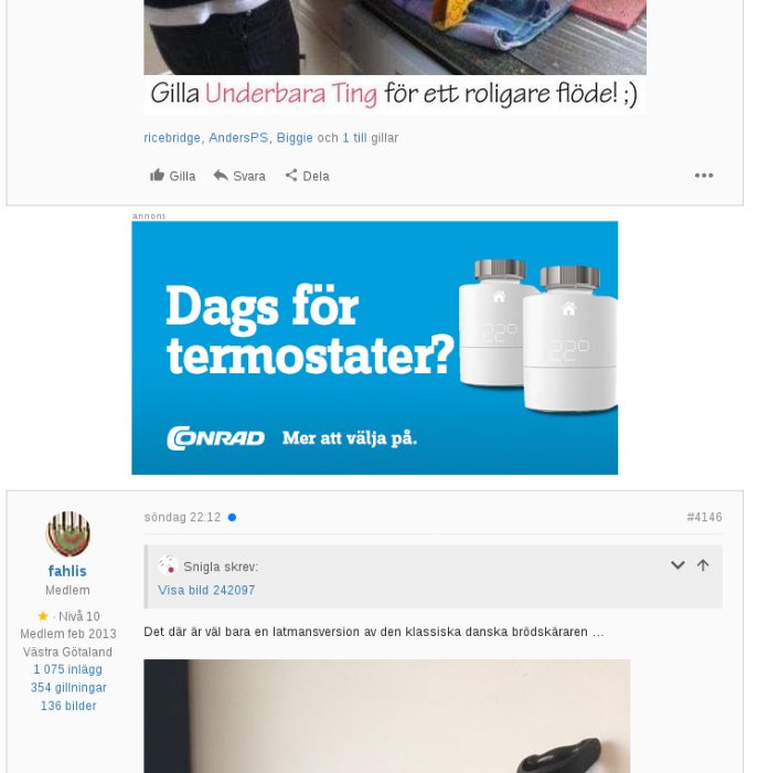 Två vita termostater mot blå bakgrund med texten "Dags för termostater?" överst.