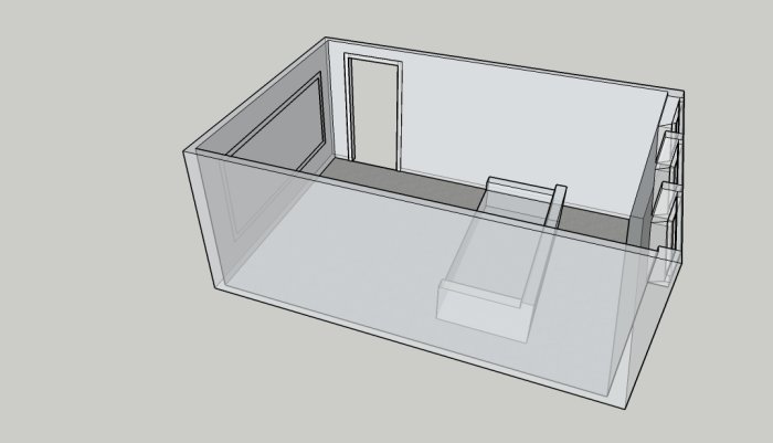 3D-skiss av ett källarrum som planeras omvandlas till ett biorum med soffa och projektor.