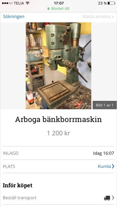 Arboga bänkborrmaskin i arbetsmiljö till salu för 1200 kronor.