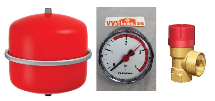 Röd expansionskärl, tryckmätare och säkerhetsventil för hemmabruk.