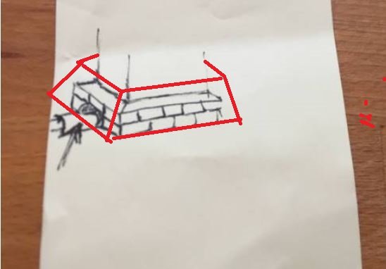 Ritning av skorsten med markerad plåtbeklädnad över takyta för vattentätning.