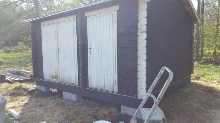 Svartmålat hönshus med gråa dörrar och knutar, omgivet av grönska, en stege står framför.