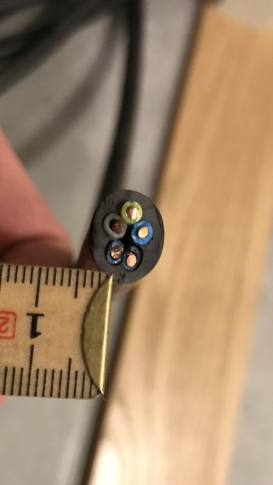 Tvärsnitt av en elektrisk kabel bredvid ett måttband, visande olika färgade ledare.