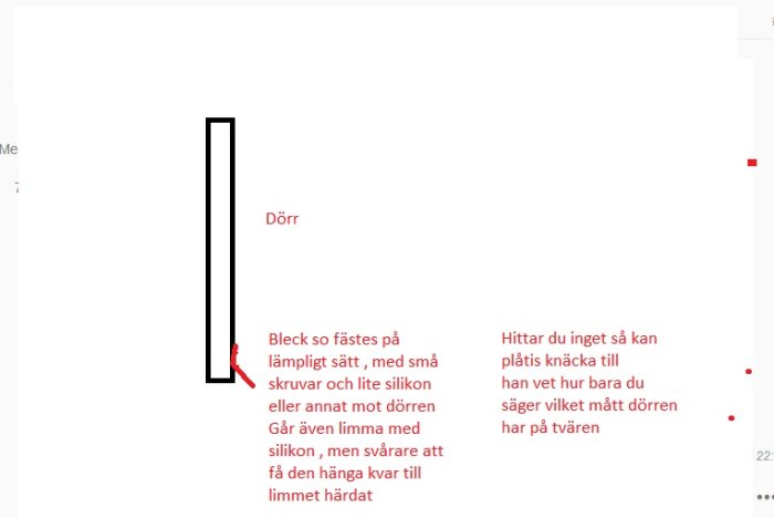 Schematisk illustration av en dörr med markeringar som visar var ett fönsterbleck ska fästas och instruktioner för montering.