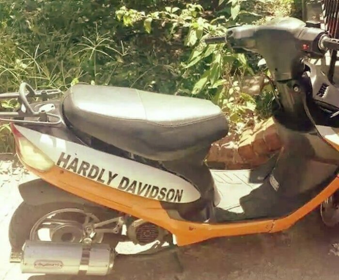 Orange moped med texten "HARDLY DAVIDSON" på sidan, parkerad framför grönska.