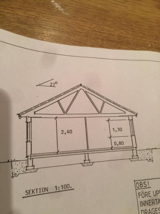 Teknisk ritning av en takstolskonstruktion för ett enplanshus med måttangivelser.