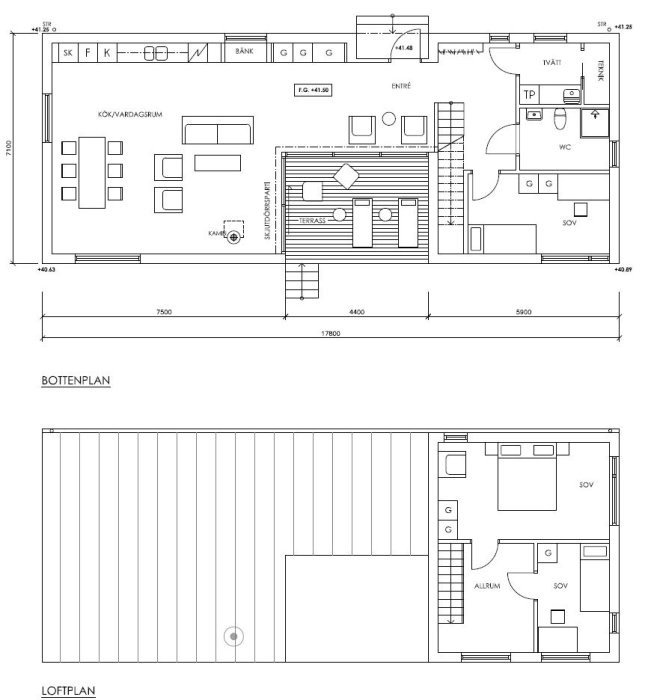 Arkitektonisk ritning av bottenplan och loftplan för ett planerat husbygge med kök, vardagsrum, badrum, sovrum och terrass.