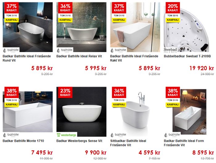 Collage av olika modeller av vita fristående badkar med priser och rabatter från en webbutik.