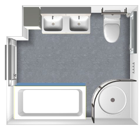 3D-layout av ett badrum med duschhörna, badkar, toalett och dubbelhandfat sett uppifrån.