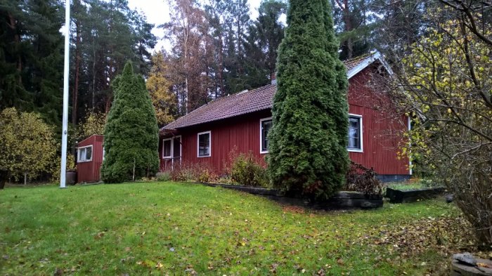 Rött hus med utbyggnad till vänster, omgiven av trädgård och träd, sluttande mark mot vägen i bakgrunden.