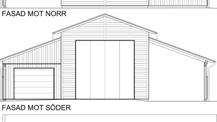 Ritning av en byggnadsfasad med 20 graders takvinkel, 6m bred hög del och två 4m breda låga delar.
