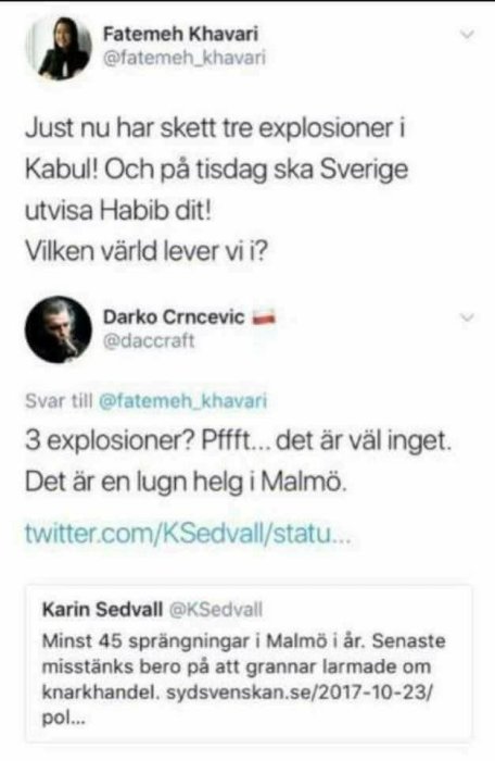 Skärmdump av en Twitter-konversation där användare diskuterar antalet explosioner i Kabul och Malmö.