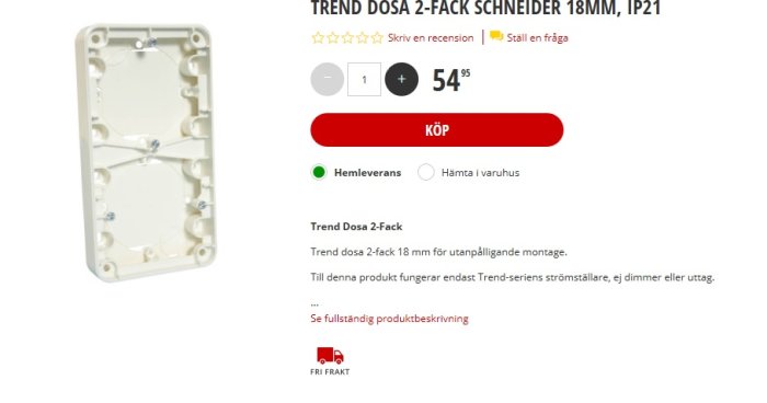 Vit utanpåliggande Trend dosa 2-fack från Schneider, 18mm tjock, avsedd för strömbrytare, ej uttag.