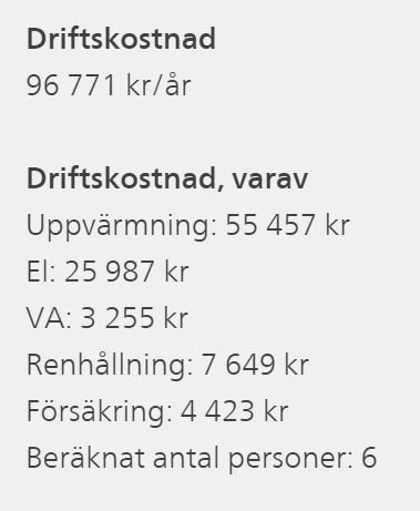 Översikt över driftskostnader på 96771 kr/år för uppvärmning, el, vatten/avlopp, renhållning och försäkring, beräknat för 6 personer.