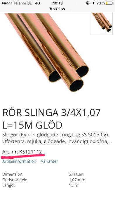 Kopparör slinga 3/4x1,07 L=15m glödgade, skärmvisning av produktinformation på webbsida.