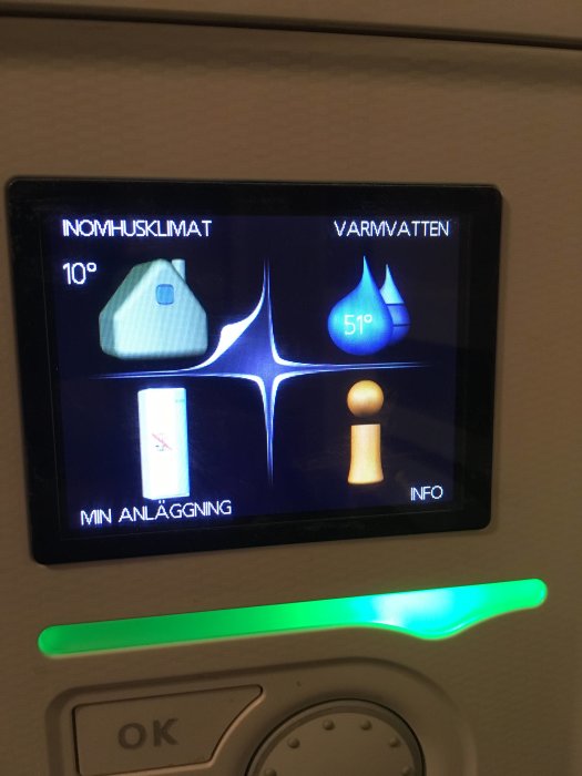 Termostatpanel som visar inomhusklimat på 10°C och varmvatten på 51°C.