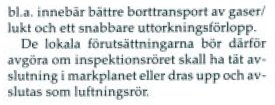 Textutdrag om inspektionsrör för avlopp som beskriver borttransport av gaser och uttorkningsförlopp.