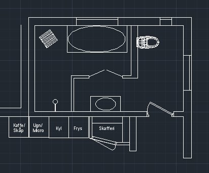 Autocad-ritning av ett badrumsplan med markerade installationer som badkar, toalett och handfat.