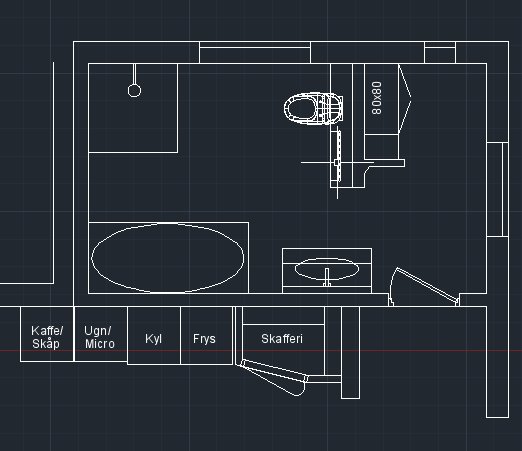 Översiktlig Autocad-ritning av ett köksplan med markerade positioner för skåp, ugn, kyl, frys och köksö.