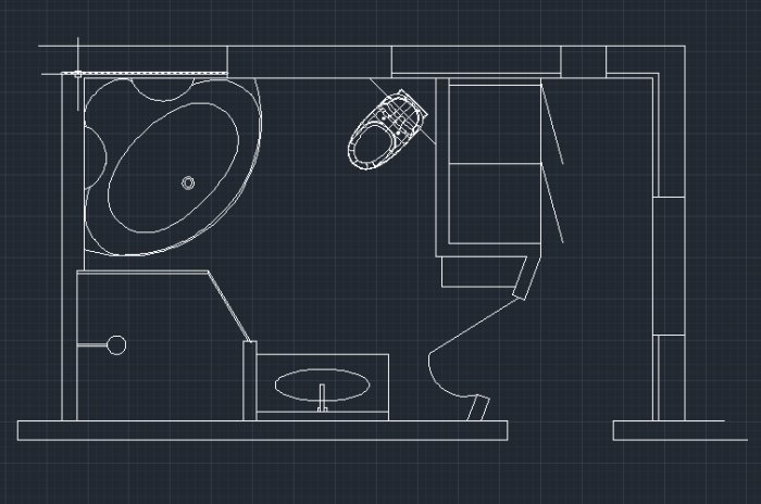 Autocad-ritning av ett badrums layout med badkar, dusch, toalett och handfat i ett planerat renoveringsprojekt.