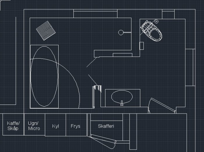 AutoCAD-ritning med planlösning för kök inklusive markerade platser för skåp och vitvaror.