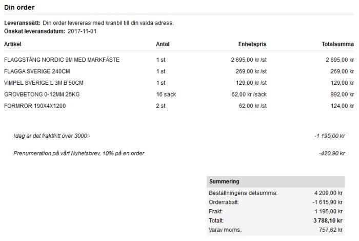 Skärmdump av en orderbekräftelse med beställning av flaggstång och byggmaterial.