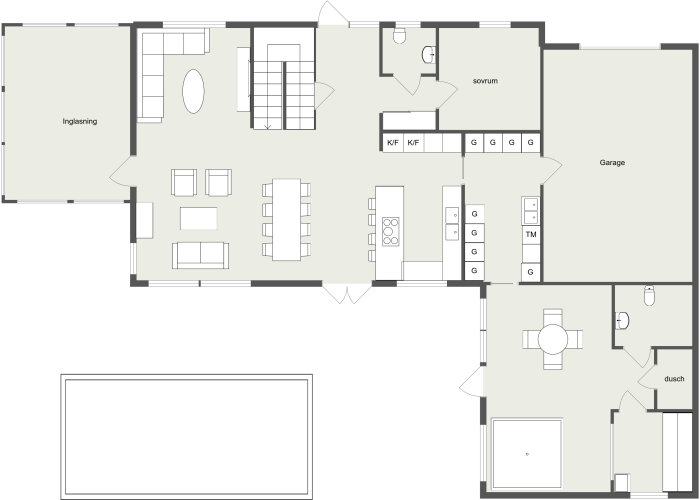 Grovt ritad arkitektonisk planlösning för ett hus med markerade rum som sovrum och garage.