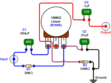 Elektriskt schema över hur man löder ett filter för att ansluta en subwoofer med input, potentiometer och output.