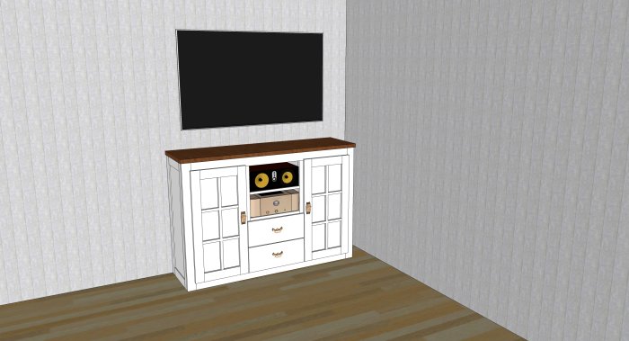 3D-modell av en vit skänk-tv-möbel med högtalartyg och teknikutrustning i ett vardagsrum.
