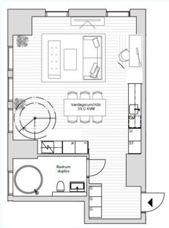 Planritning av en bostad med markerade utrymmen för vardagsrum, kök och badrum.