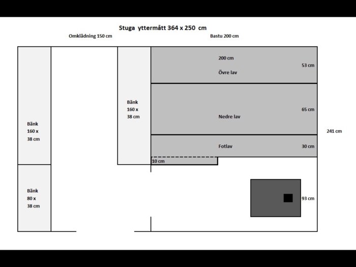 Ritning av ved-bastu och omklädningsrum med mått för sittlavar, fotlav och kamin.