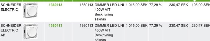 Skärmdump av två Schneider Electric Exxact LED-dimmers med priser och artikelnummer.