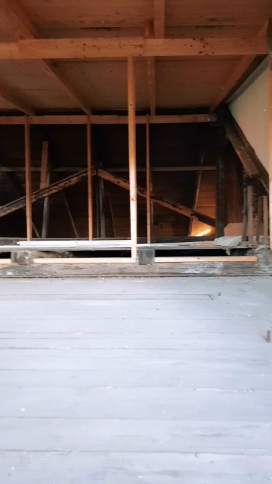 Perinteinen ullakkorakenne, jossa näkyvissä paljaat puupalkit ja osittain keskeneräinen lattia. Kattorakenne ja seinät esillä ilman viimeistelyä.