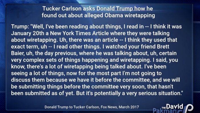 Skärmbild av text där Donald Trump svarar Tucker Carlson om påstådd avlyssning av Obama, från The David Pakman Show.