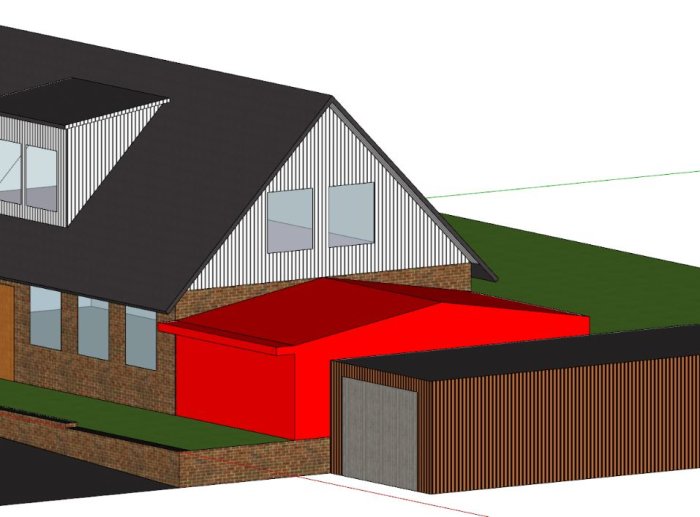 3D-modell av ett tvåplanshus med stenstomme och ett intilliggande enplans garage i rött.