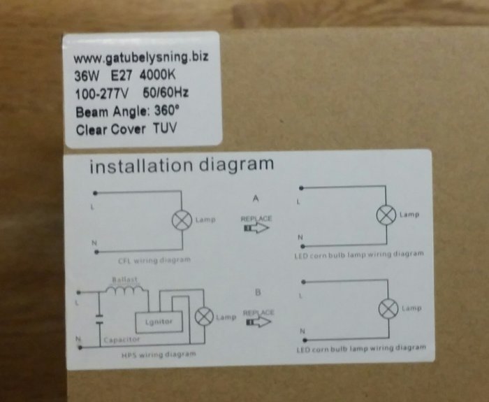 Ettikett och installationsdiagram för en 36W LED-lampa med E27 sockel och 4000K färgtemperatur.