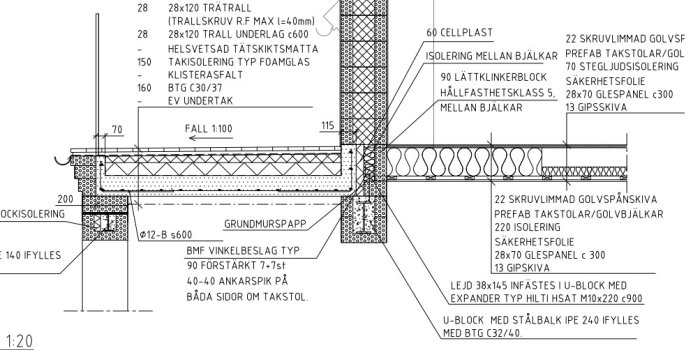 Arkitektonisk teknisk ritning som visar detaljer för tillbyggnad med fokus på takstolar och terass.